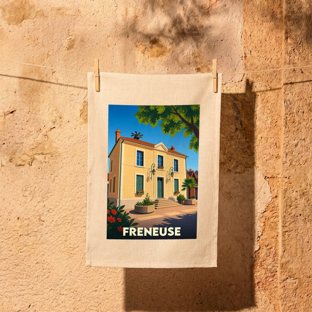 Torchon souvenir de la ville de Freneuse avec une illustration stylisée d'une maison ensoleillée.