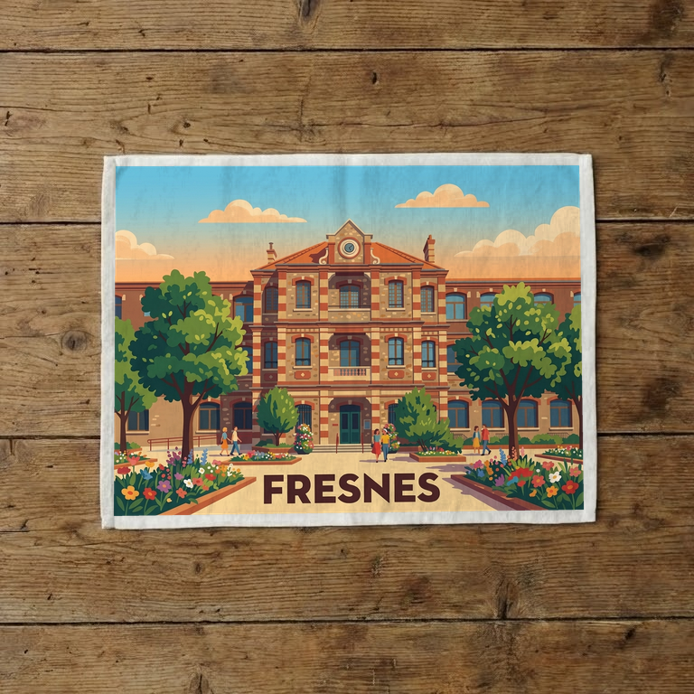 Torchon souvenir de la ville de Fresnes avec une illustration colorée et stylisée d'un bâtiment emblématique.