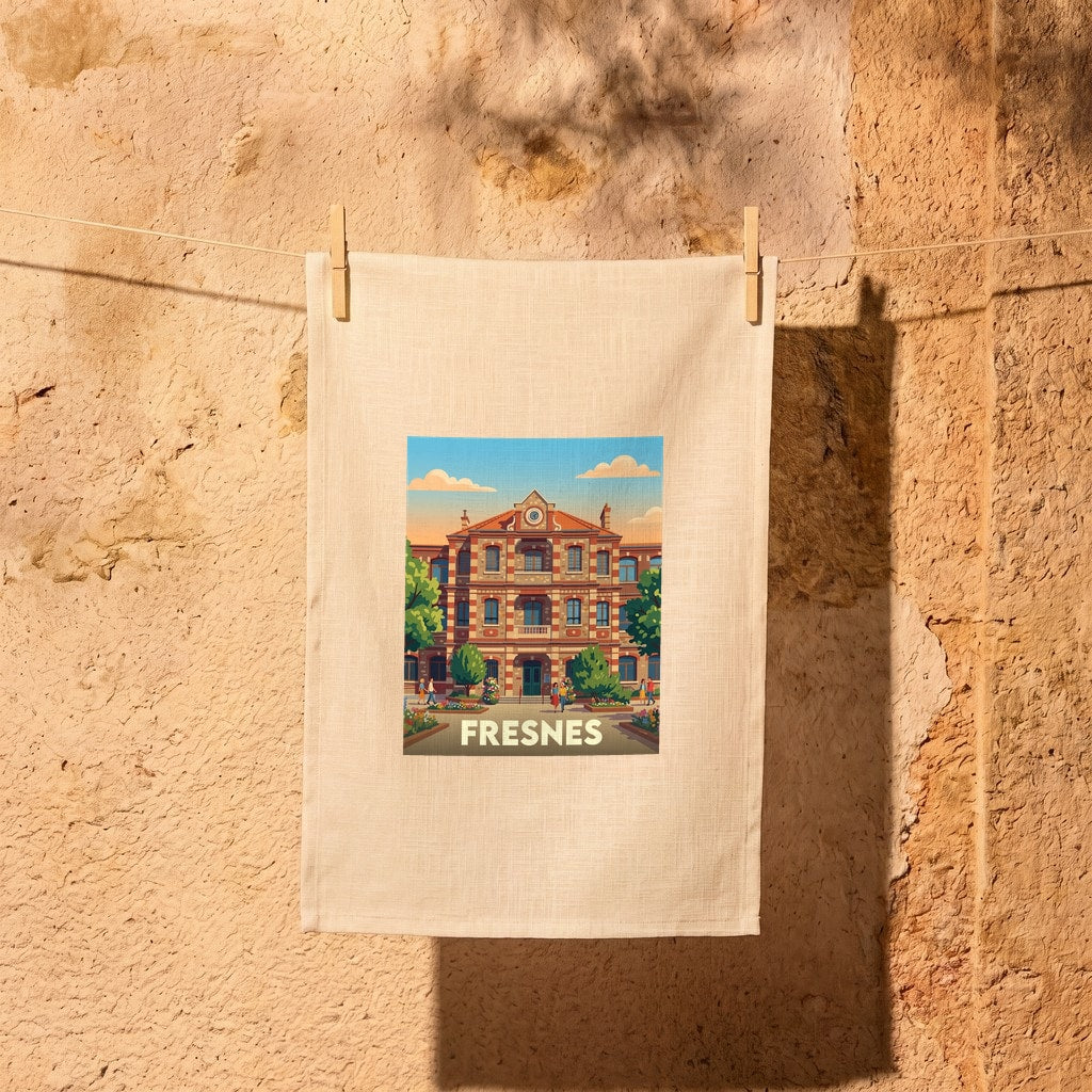 Torchon souvenir de la ville de Fresnes avec une illustration colorée et stylisée d'un bâtiment emblématique.