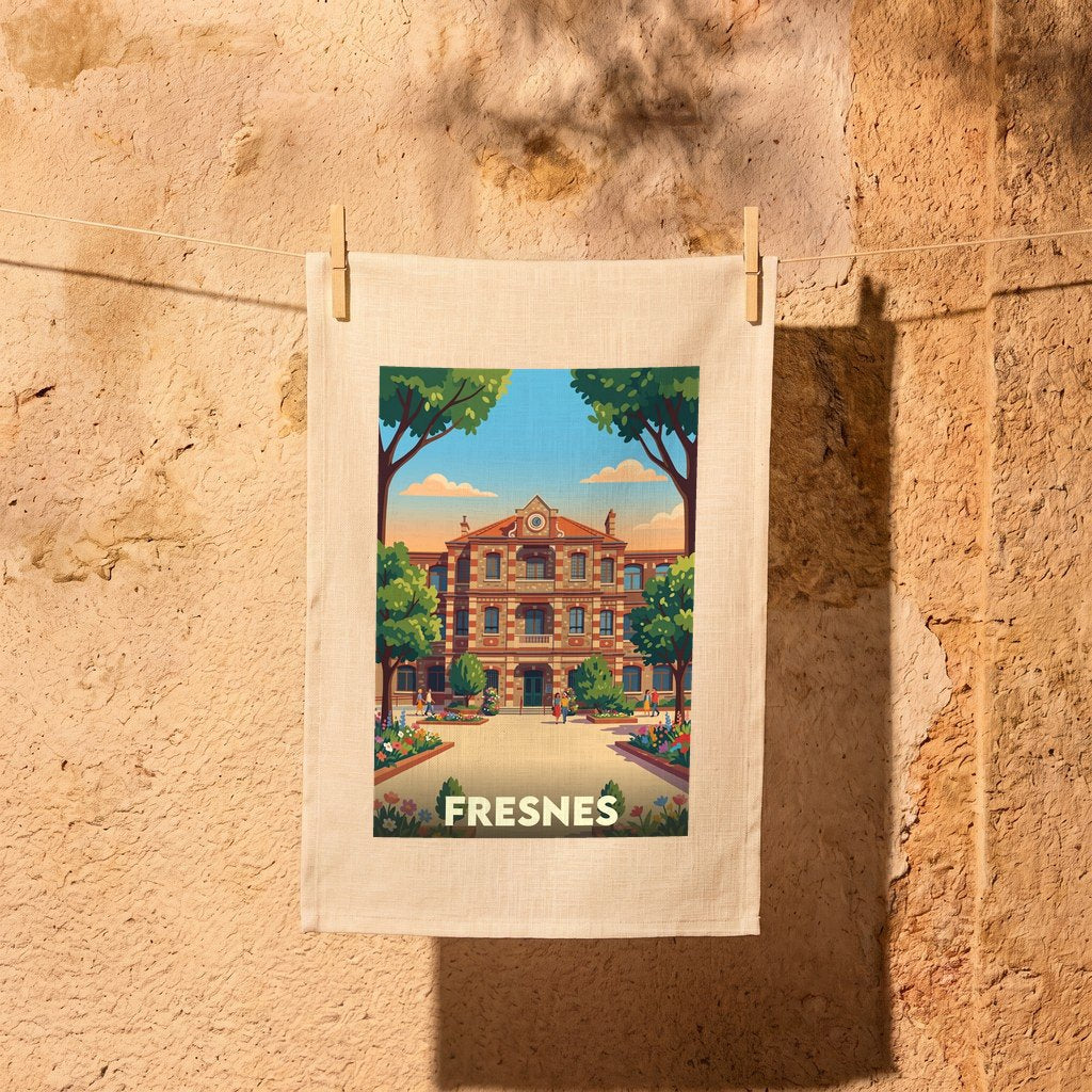 Torchon souvenir de la ville de Fresnes avec une illustration colorée et stylisée d'un bâtiment emblématique.