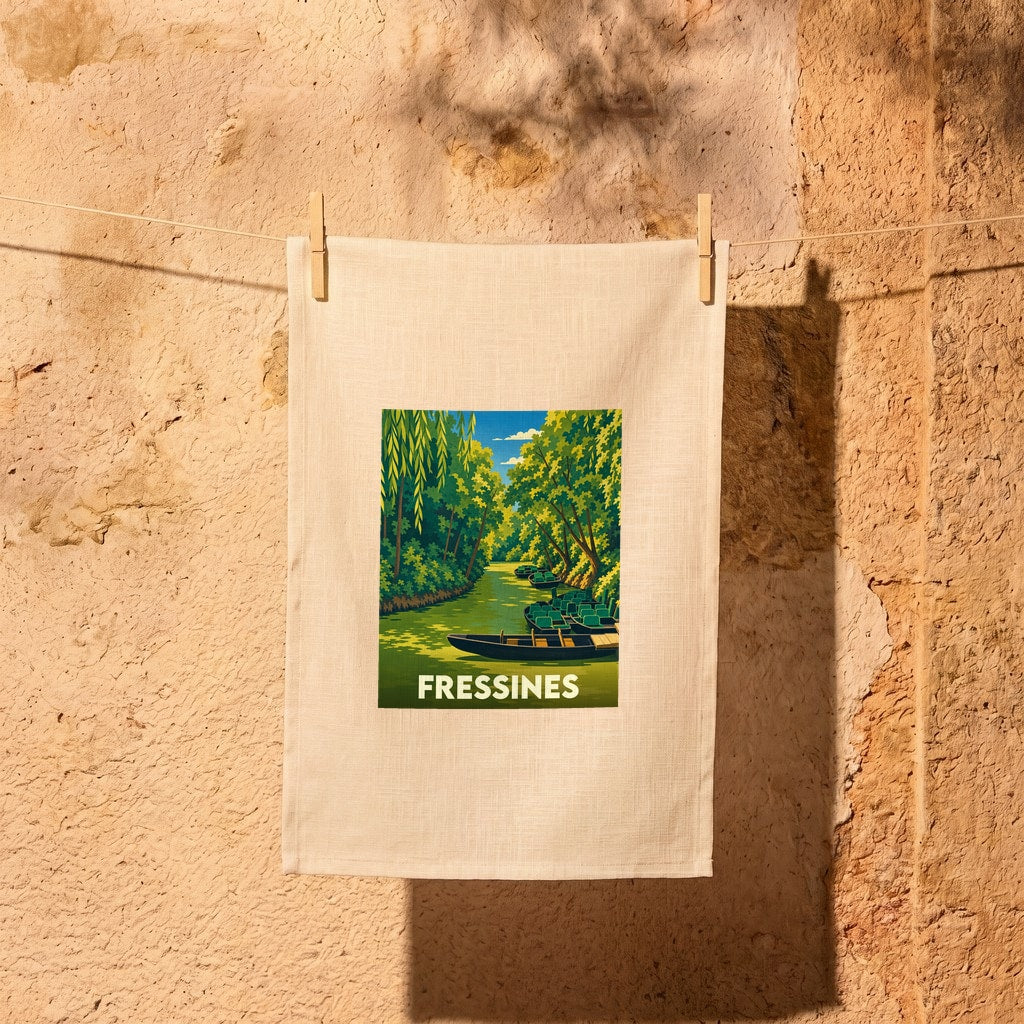 Torchon souvenir de la ville de Fressines illustré d'un paysage de rivière avec des barques.