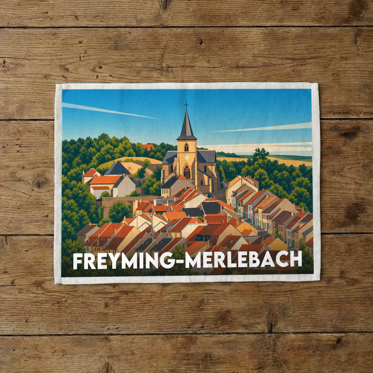 Torchon souvenir de la ville de Freyming-Merlebach avec une illustration stylisée de son église et de ses maisons.