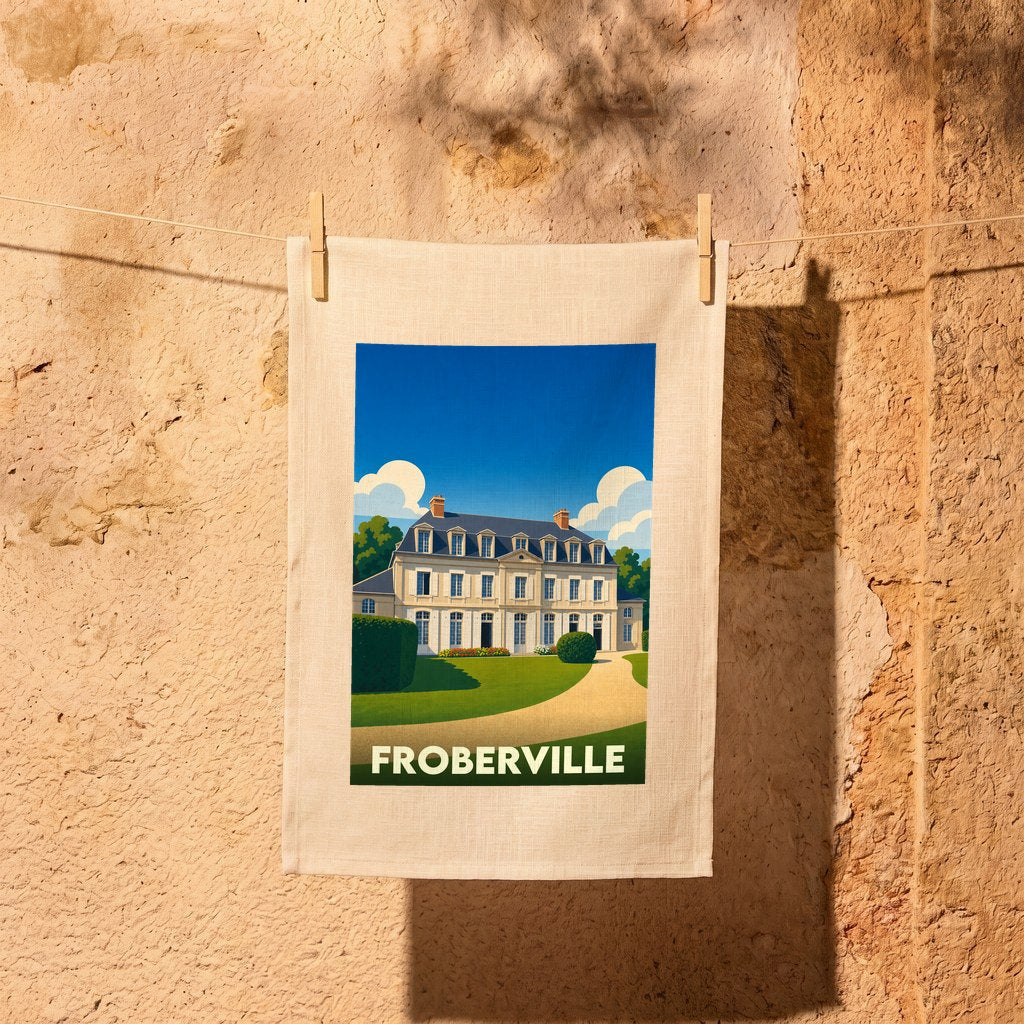 Torchon souvenir de la ville de Froberville avec une illustration stylisée d'un manoir.