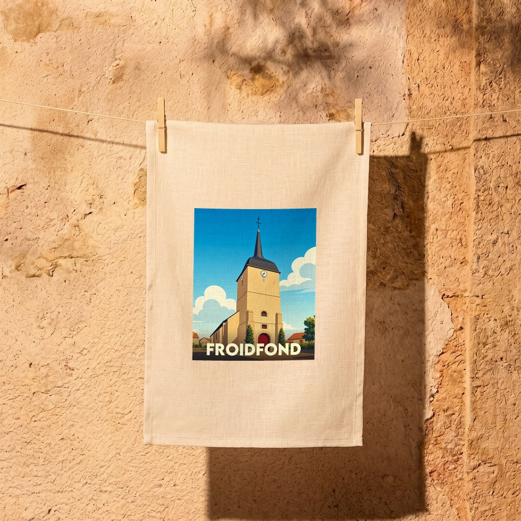 Torchon souvenir de la ville de Froidfond avec une illustration stylisée de son église.