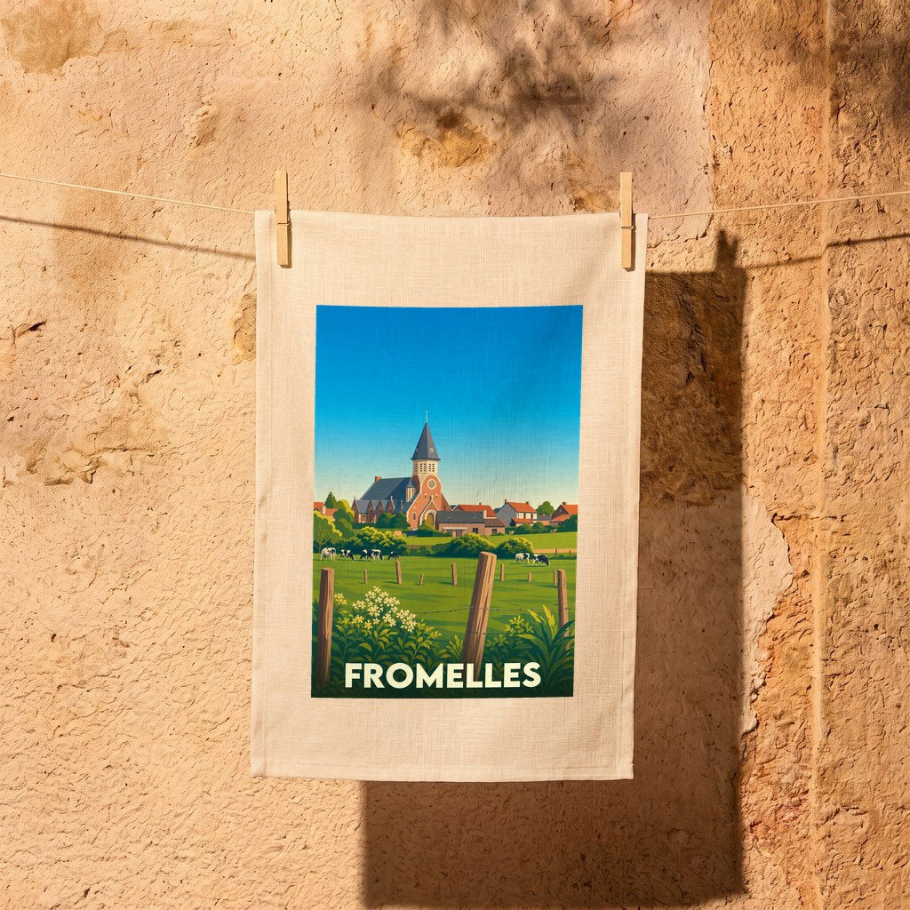 Torchon souvenir de la ville de Fromelles avec une illustration champêtre stylisée.