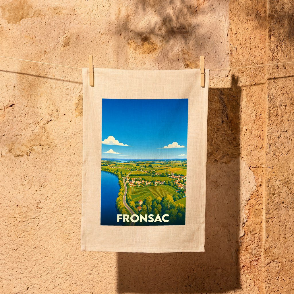 Torchon souvenir de la ville de Fronsac illustré d'un paysage de vignobles en bord de rivière.