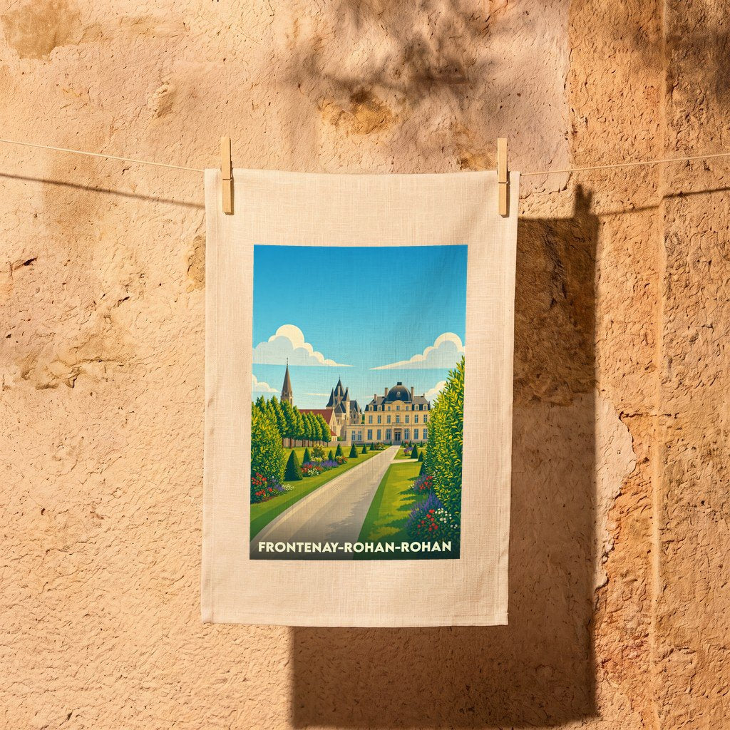 Torchon souvenir de la ville de Frontenay-Rohan-Rohan orné d'une illustration stylisée du château et de ses jardins.