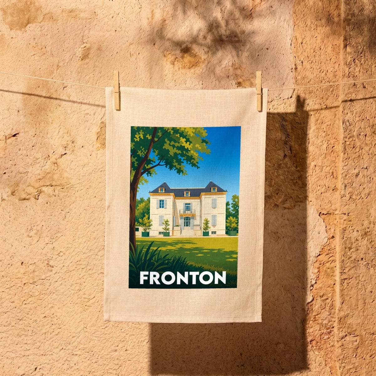 Torchon souvenir de la ville de Fronton orné d'une illustration stylisée représentant une demeure de maître.