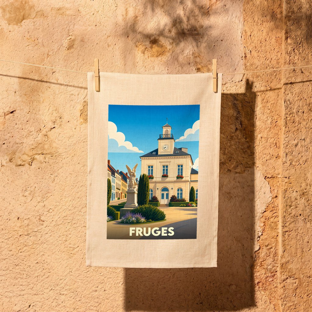 Torchon souvenir de la ville de Fruges avec une illustration stylisée de son hôtel de ville.