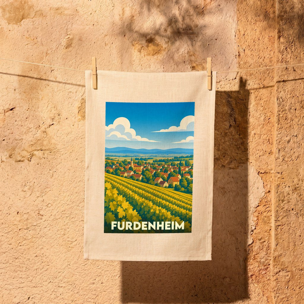 Torchon souvenir de la ville de Furdenheim avec une illustration stylisée d'un paysage de vignobles.