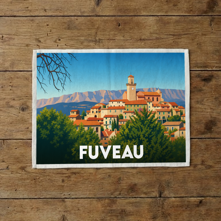 Torchon souvenir de la ville de Fuveau avec une illustration stylisée.