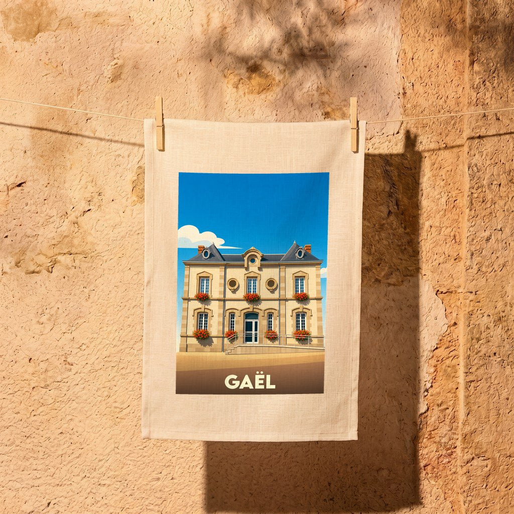 Torchon souvenir de la ville de Gaël orné d'une illustration stylisée de sa mairie.