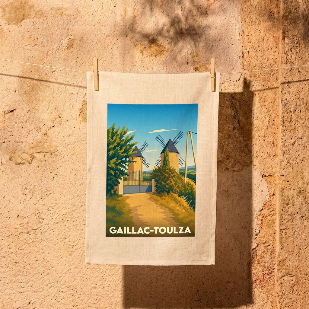 Torchon souvenir de la ville de Gaillac-Toulza avec une illustration stylisée de moulins à vent.