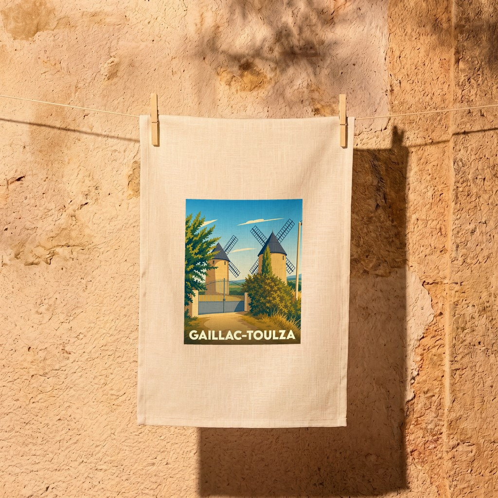 Torchon souvenir de la ville de Gaillac-Toulza avec une illustration stylisée de moulins à vent.