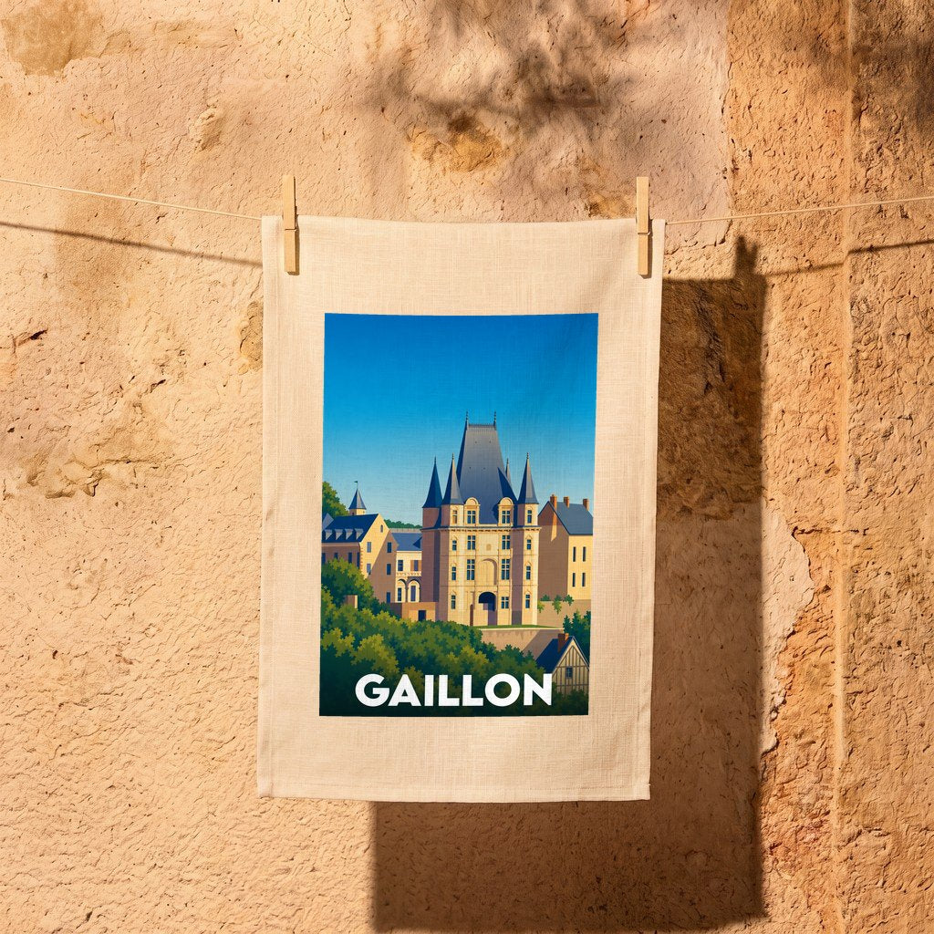 Torchon souvenir de la ville de Gaillon avec une illustration stylisée de son château.