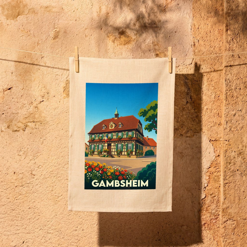 Torchon souvenir de la ville de Gambsheim avec une illustration stylisée d'une maison traditionnelle à colombages.