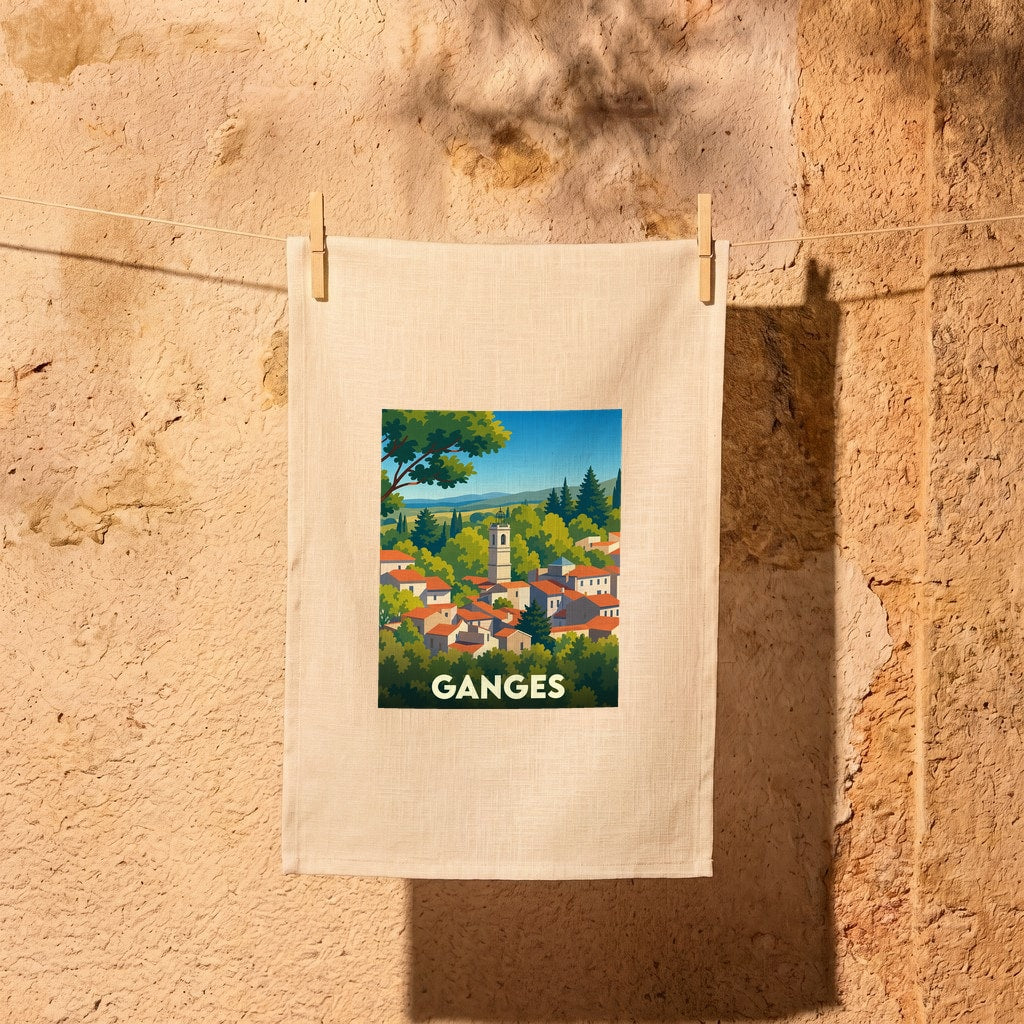 Torchon souvenir de la ville de Ganges avec une illustration stylisée de ses toits et de son clocher.