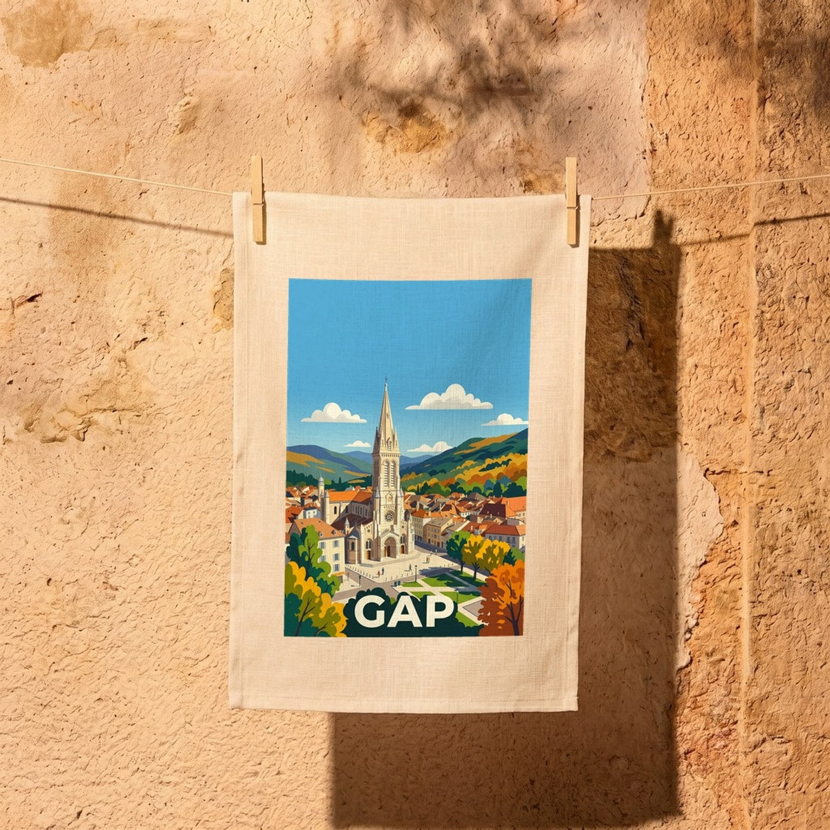 Torchon souvenir de la ville de Gap avec une illustration stylisée de sa cathédrale et des montagnes environnantes.