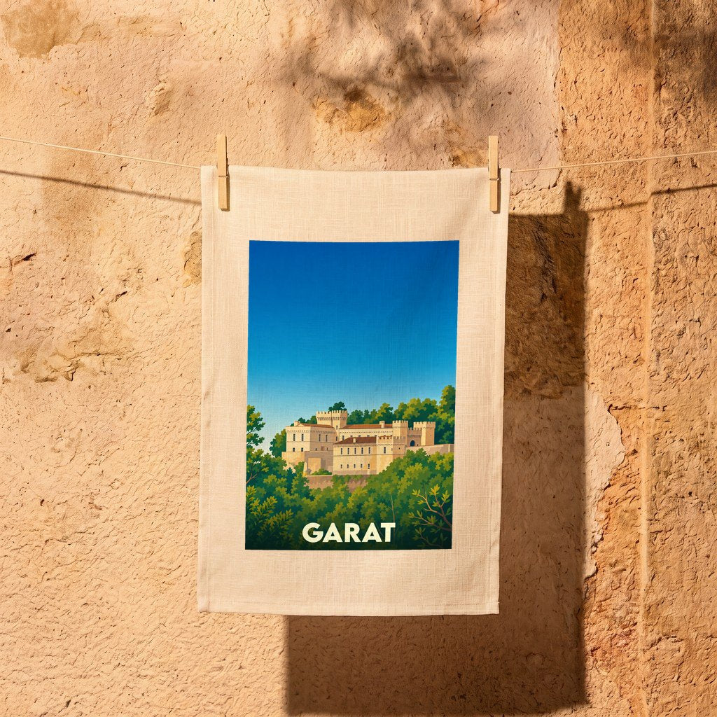 Torchon souvenir de la ville de Garat illustré d'un château stylisé niché dans la verdure.