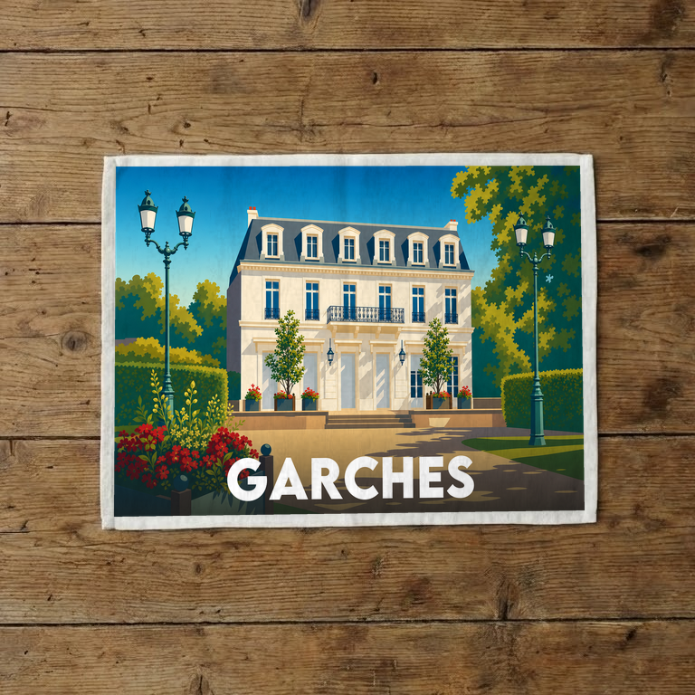 Torchon souvenir de la ville de Garches avec une illustration stylisée d'un bâtiment classique entouré de jardins.