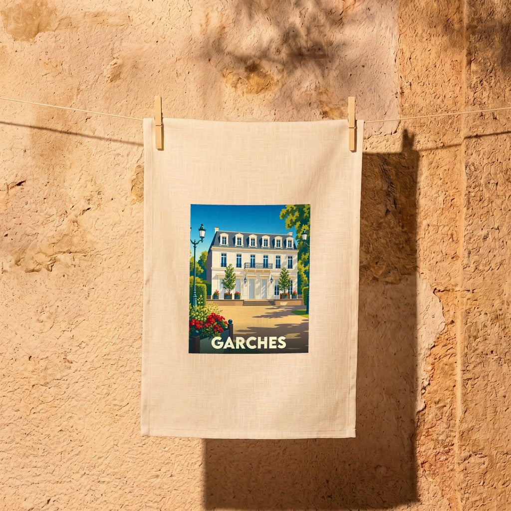 Torchon souvenir de la ville de Garches avec une illustration stylisée d'un bâtiment classique entouré de jardins.