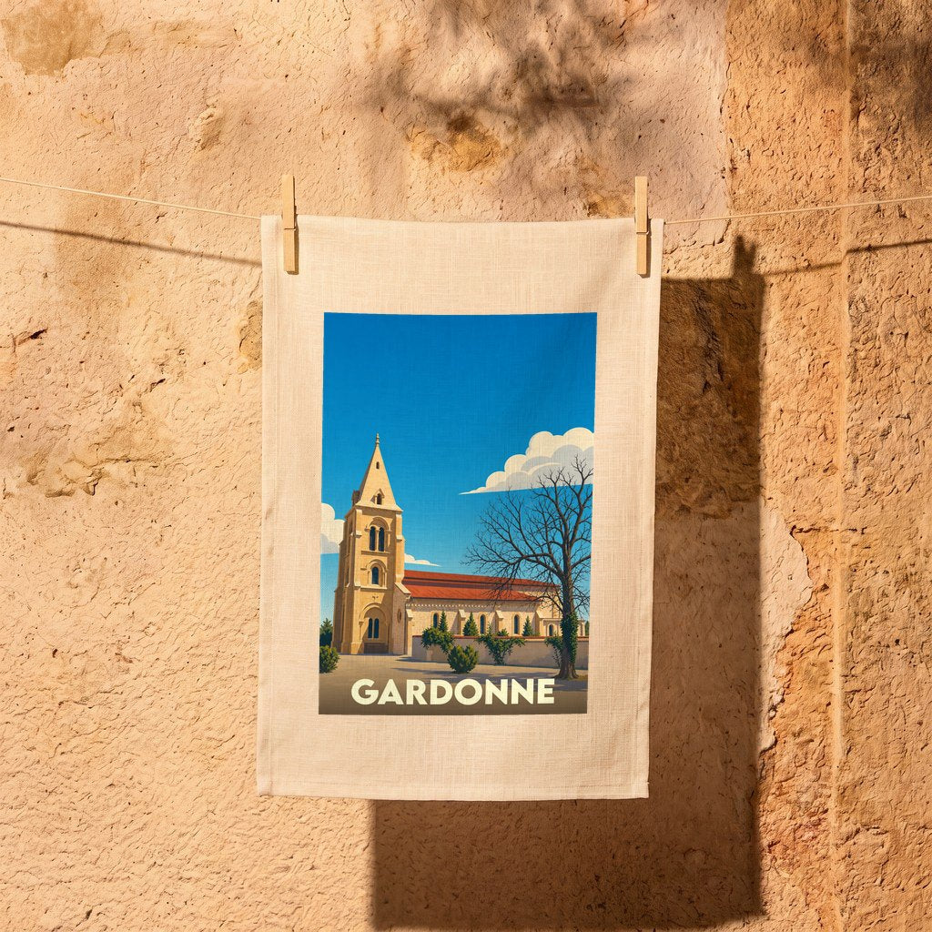 Torchon souvenir de la ville de Gardonne avec une illustration stylisée de son église.