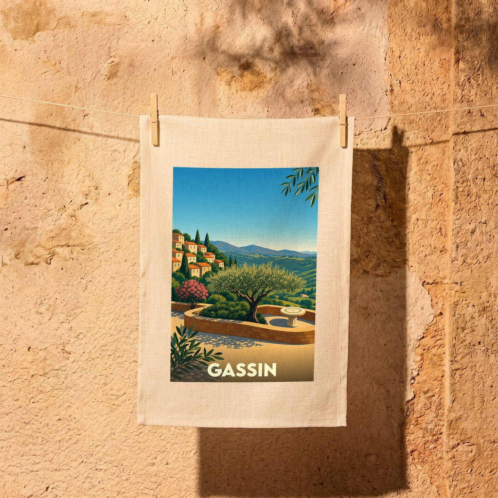 Torchon souvenir de la ville de Gassin avec une illustration stylisée d'un paysage provençal.