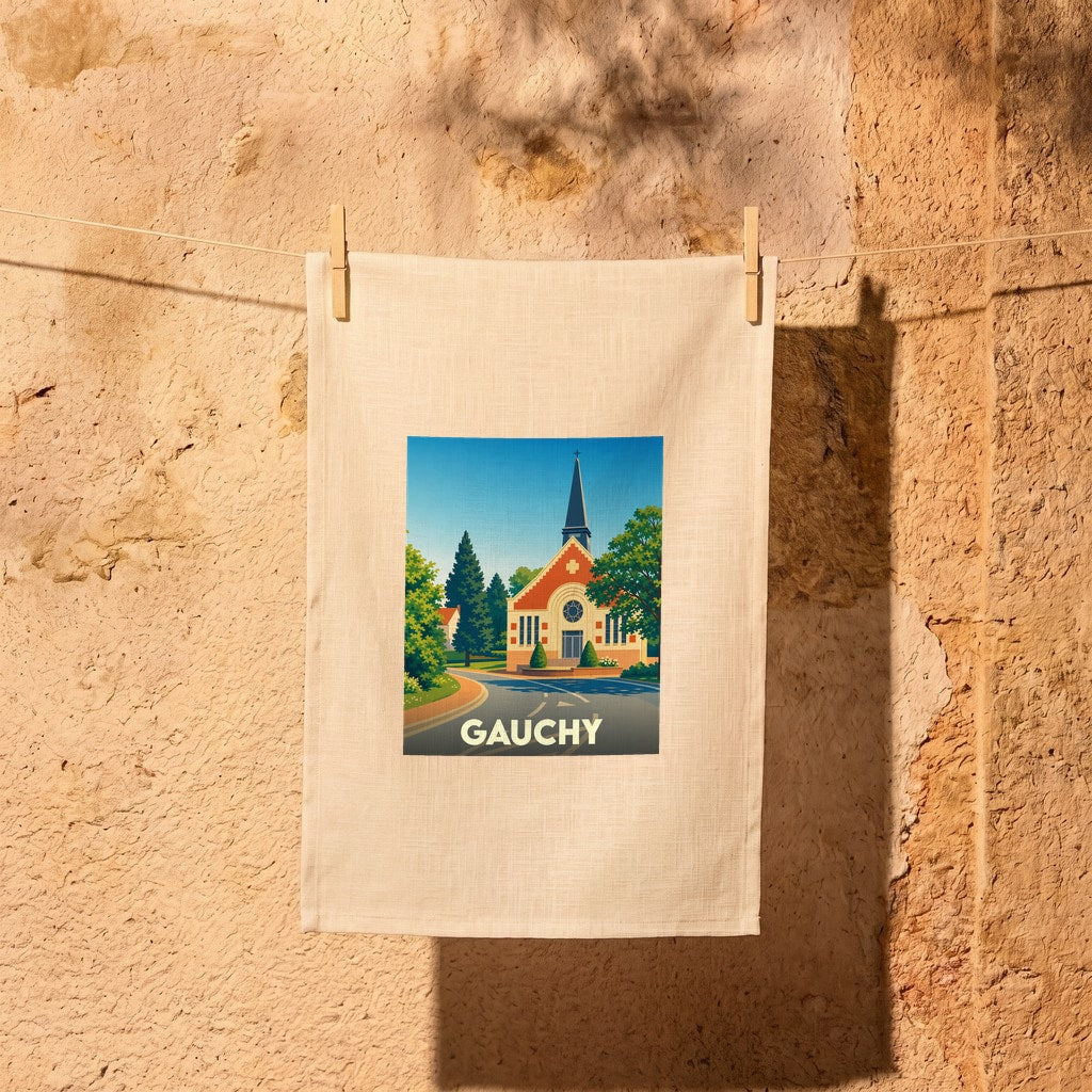 Torchon souvenir de la ville de Gauchy illustré d'une vue stylisée de son église sous un ciel bleu.