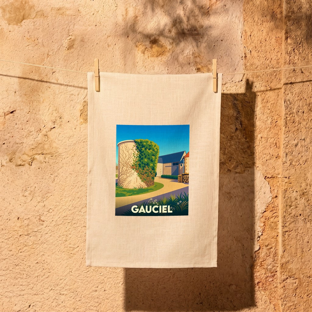 Torchon souvenir de la ville de Gauciel orné d'une illustration stylisée et colorée de ses paysages.