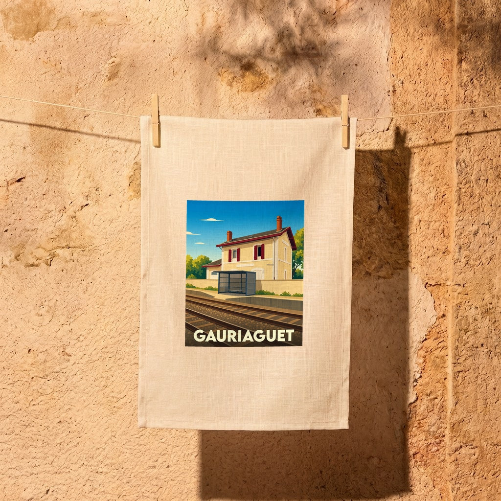 Torchon souvenir de la ville de Gauriaguet avec une illustration stylisée de sa gare ferroviaire.