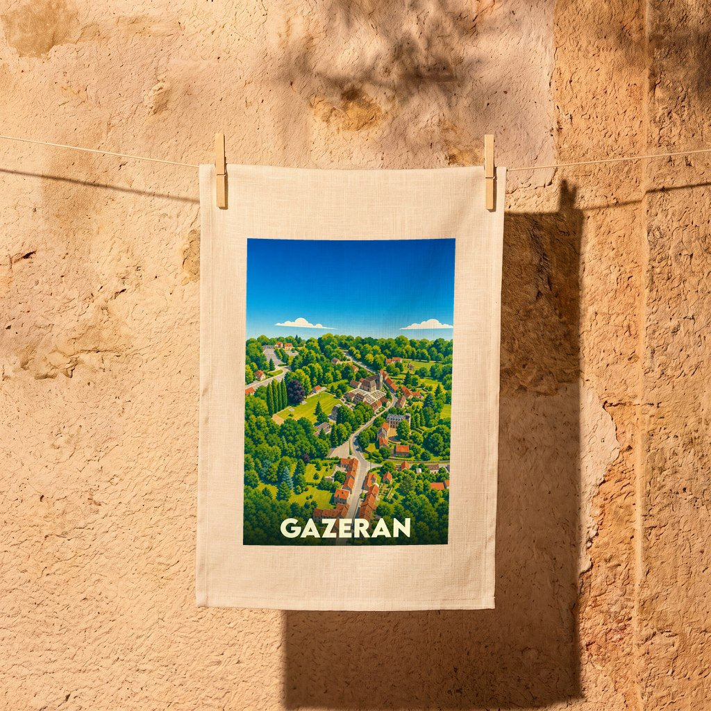 Torchon souvenir de la ville de Gazeran avec une illustration paysagère stylisée.
