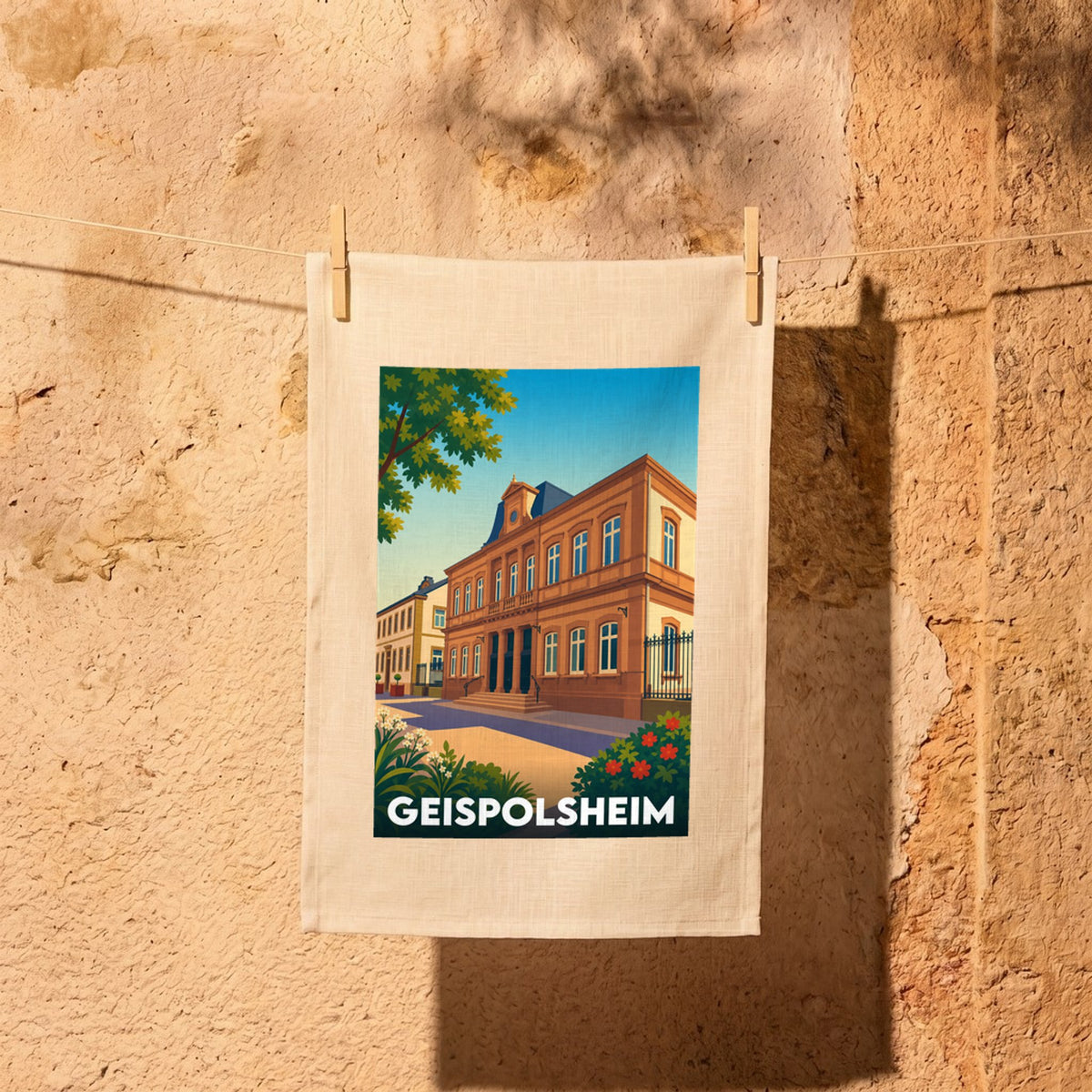 Torchon souvenir de la ville de Geispolsheim avec une illustration stylisée.