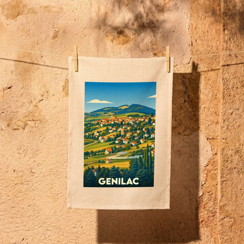 Torchon souvenir de la ville de Genilac illustré d'un paysage vallonné au style rétro.