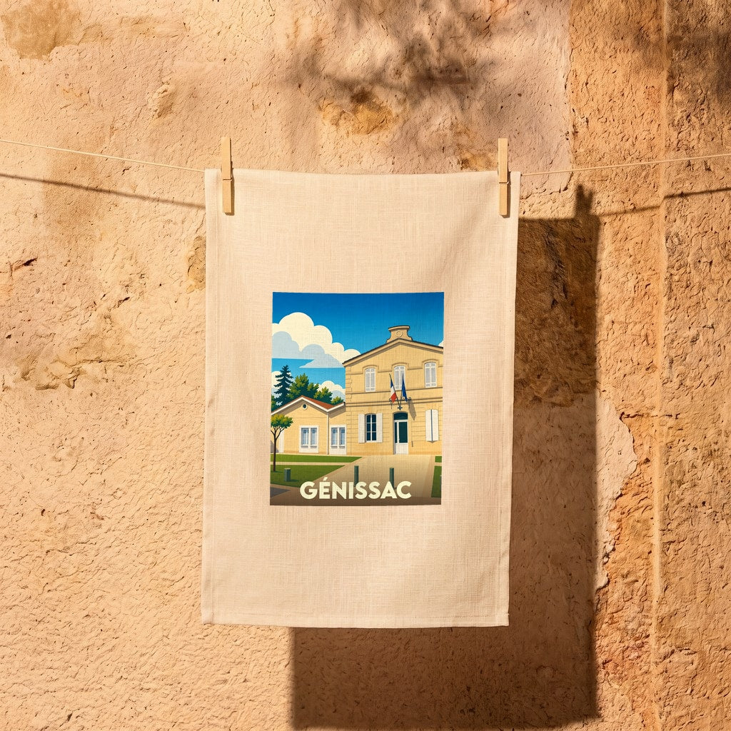Torchon souvenir de la ville de Génissac orné d'une illustration stylisée de sa mairie.