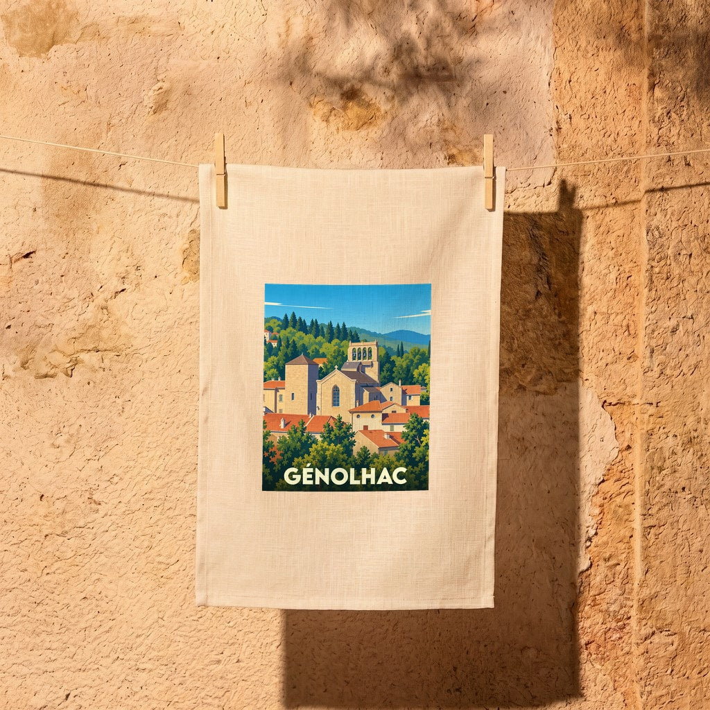 Torchon souvenir de la ville de Génolhac avec une illustration stylisée d'un village pittoresque.