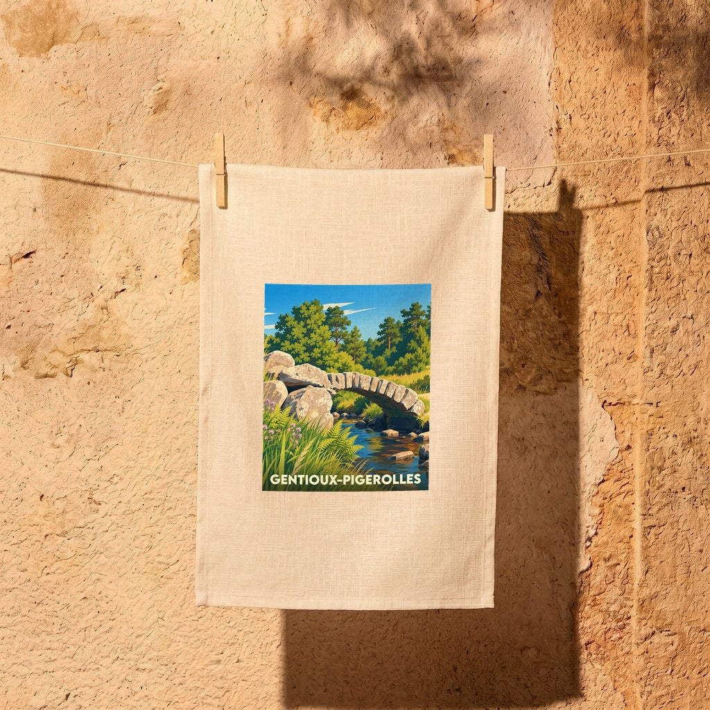 Torchon souvenir de la commune de Gentioux-Pigerolles orné d'une illustration stylisée d'un pont en pierre.