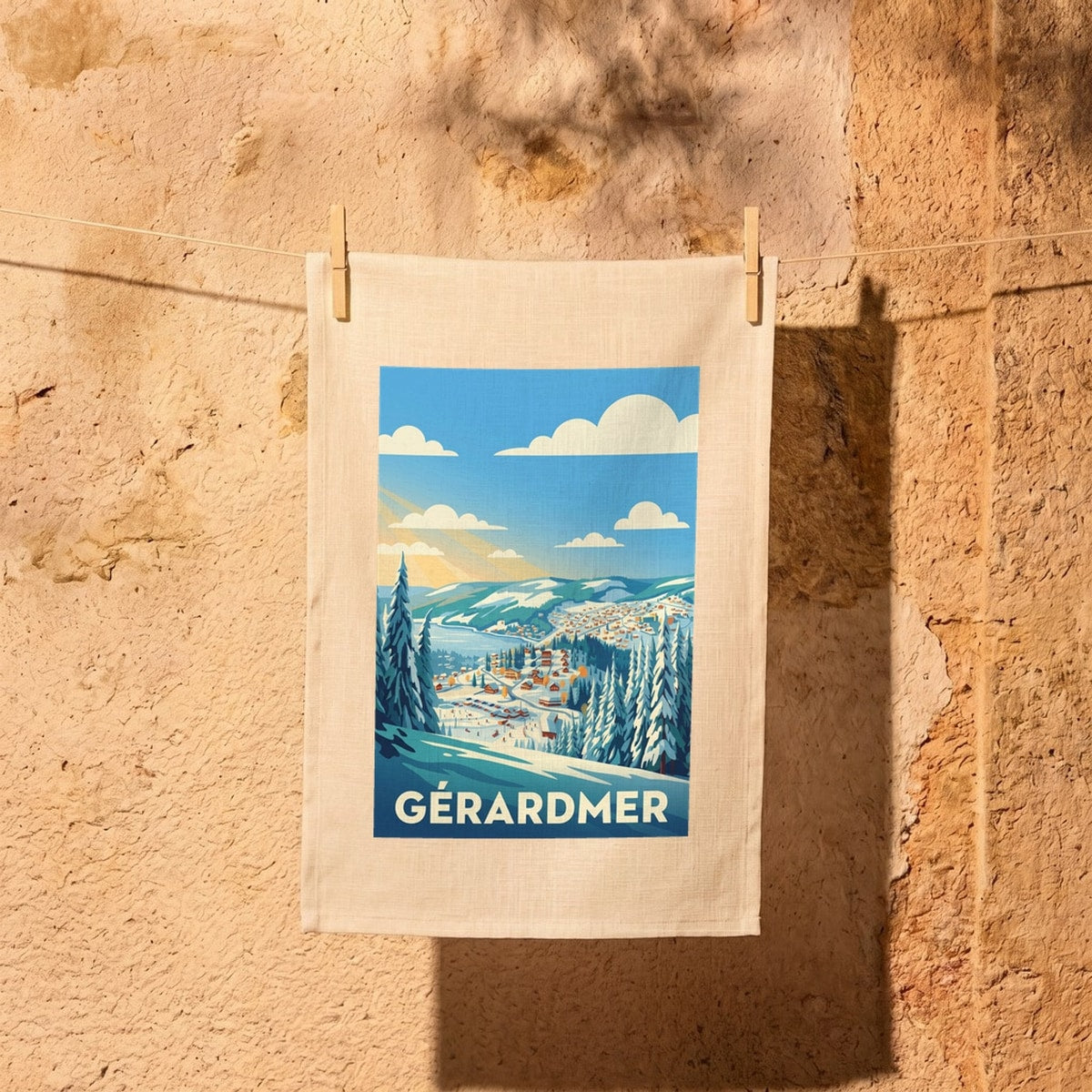 Torchon souvenir de Gérardmer avec une illustration stylisée d'un paysage de montagne enneigé.
