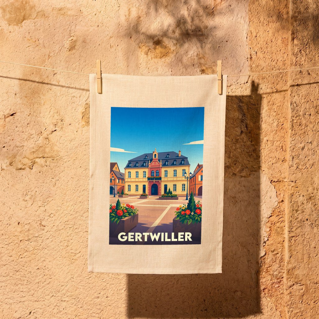 Torchon souvenir de la ville de Gertwiller illustré d'un dessin stylisé de sa place centrale.