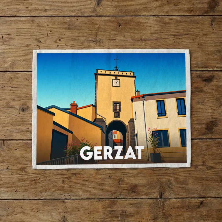 Torchon souvenir de la ville de Gerzat avec une illustration stylisée de sa tour de l'horloge.