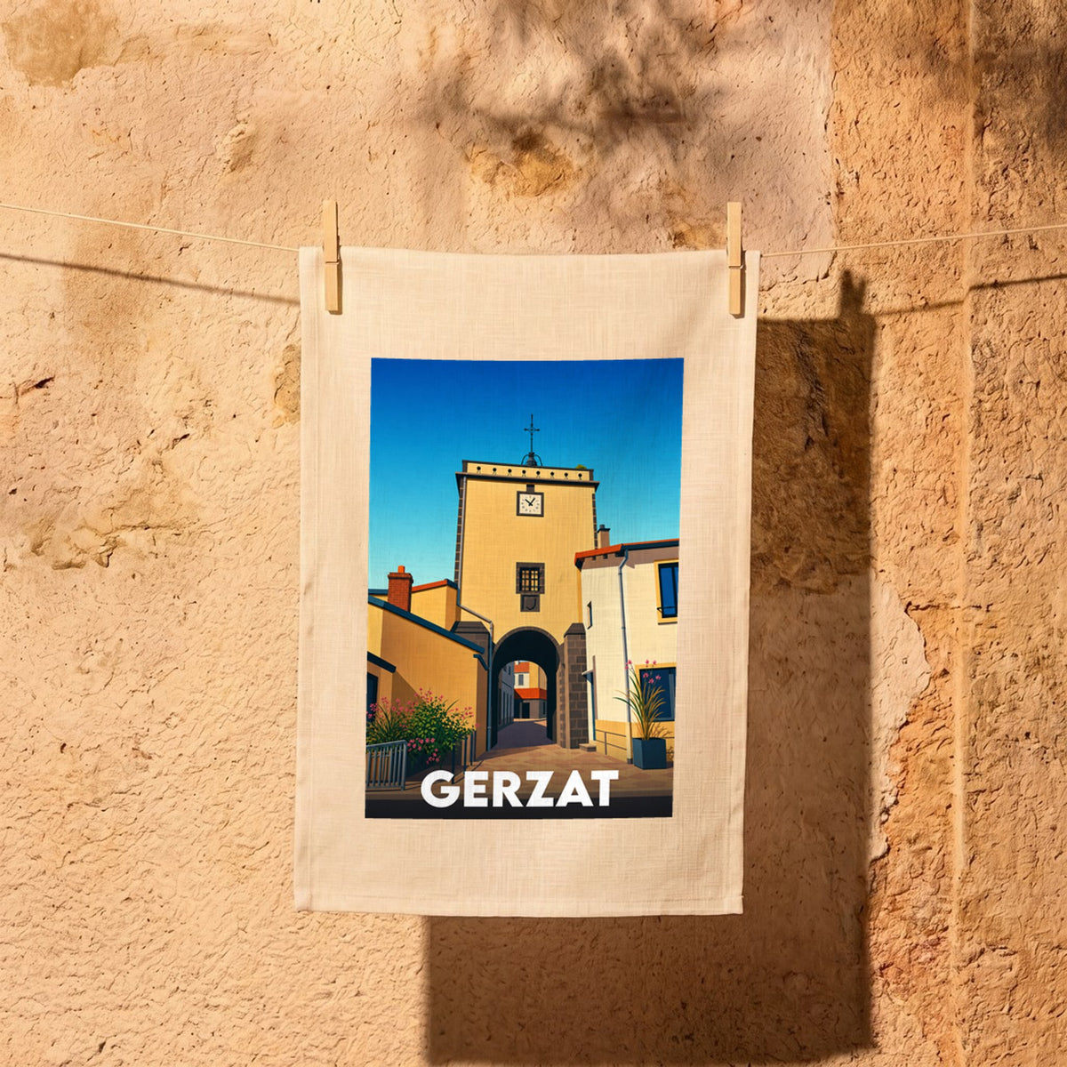 Torchon souvenir de la ville de Gerzat avec une illustration stylisée de sa tour de l'horloge.