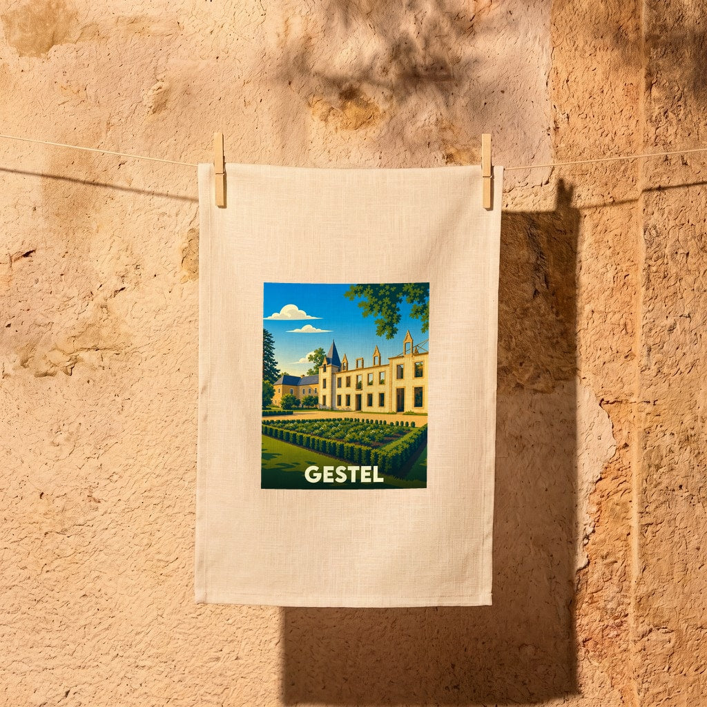 Torchon souvenir de la ville de Gestel avec une illustration stylisée d'un château et ses jardins.