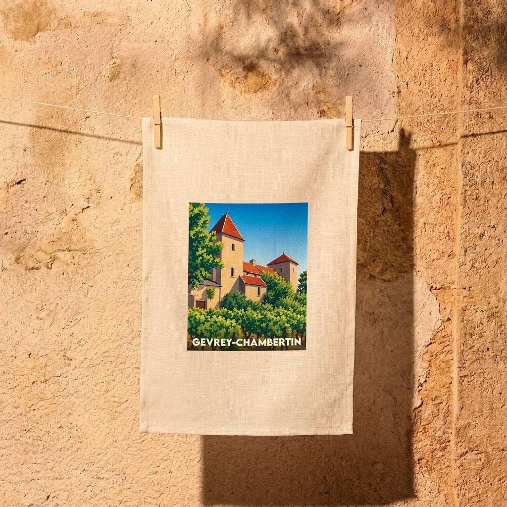 Torchon souvenir de la ville de Gevrey-Chambertin illustré d'un paysage de vignoble et de château stylisé.