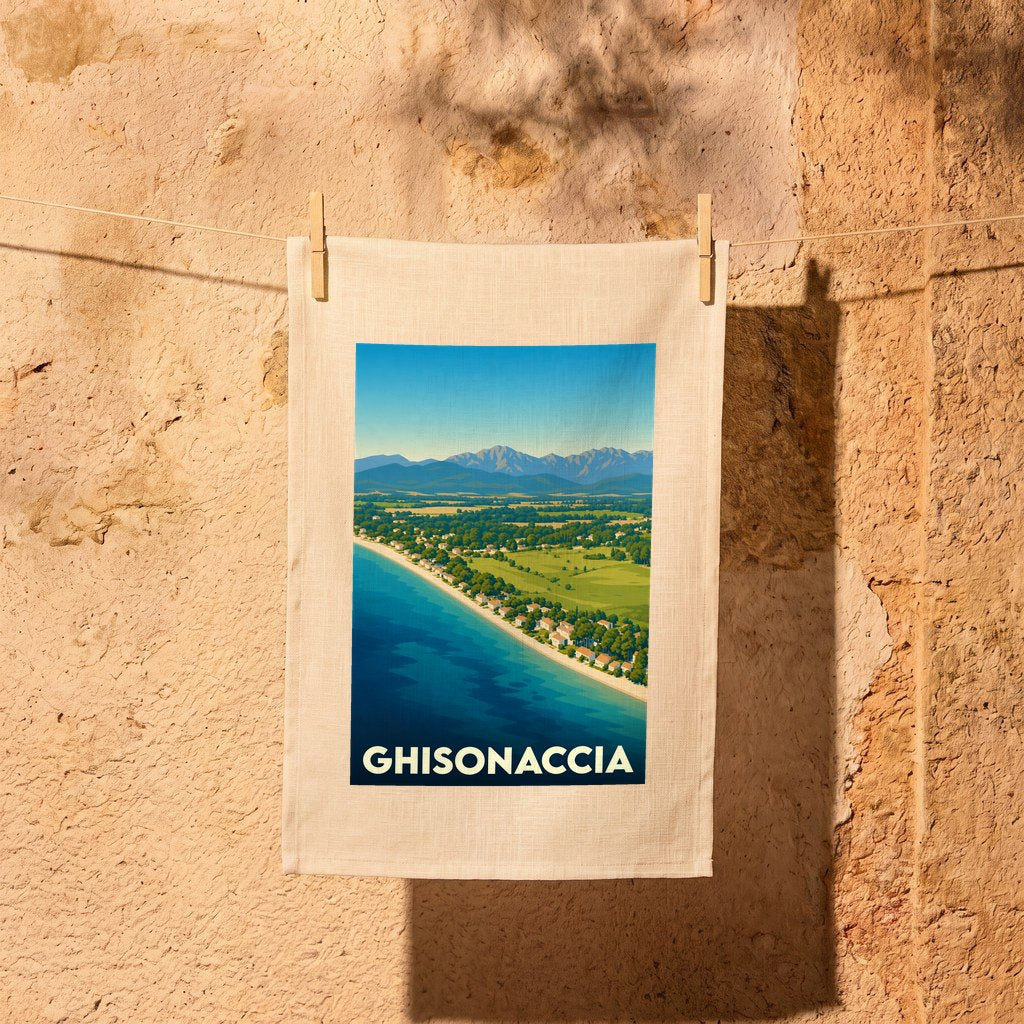 Torchon souvenir de la ville de Ghisonaccia avec une illustration stylisée de son littoral.