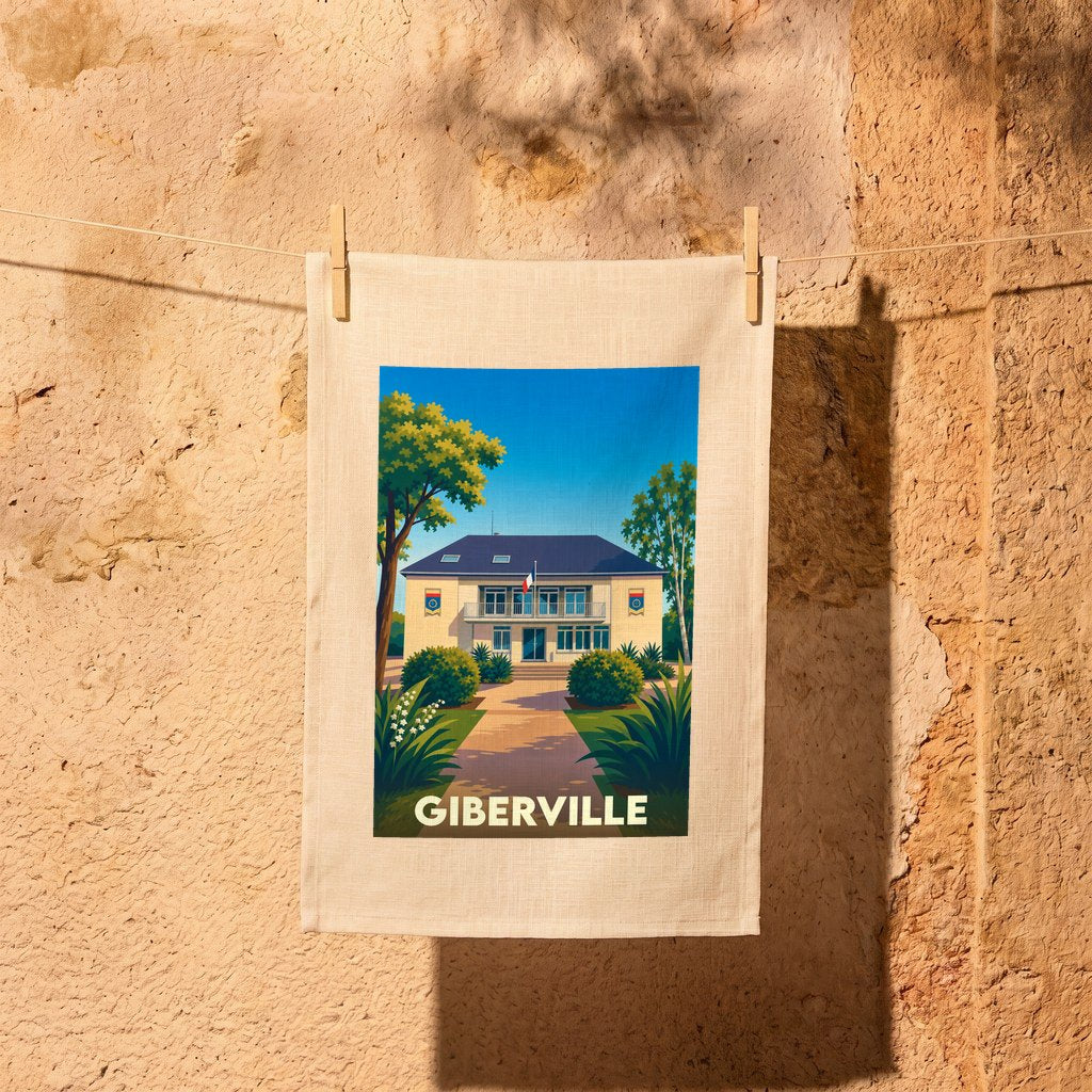 Torchon souvenir de la ville de Giberville avec une illustration stylisée de sa mairie.