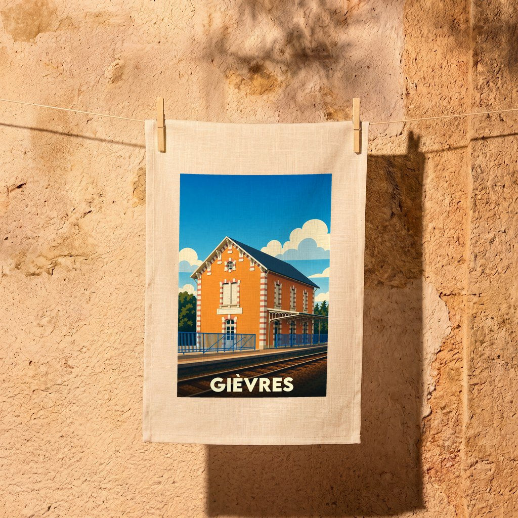 Torchon souvenir de la ville de Gièvres avec une illustration stylisée de sa gare.