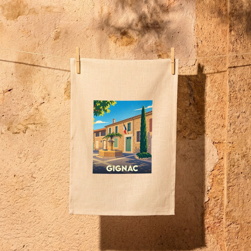Torchon souvenir de la ville de Gignac avec une illustration stylisée d'une place provençale.
