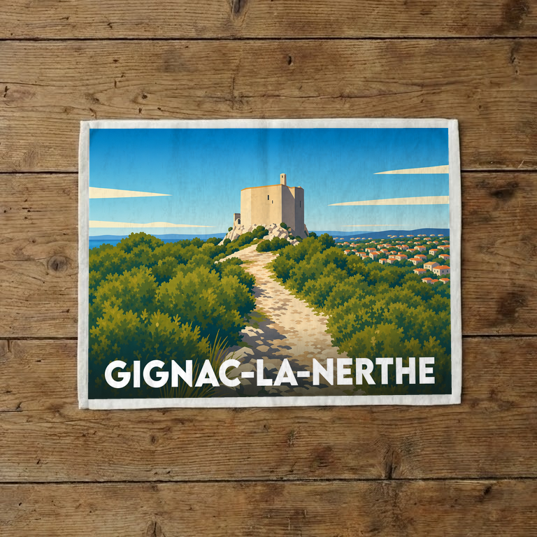 Torchon souvenir de la ville de Gignac-la-Nerthe avec une illustration stylisée de son paysage et de son patrimoine.