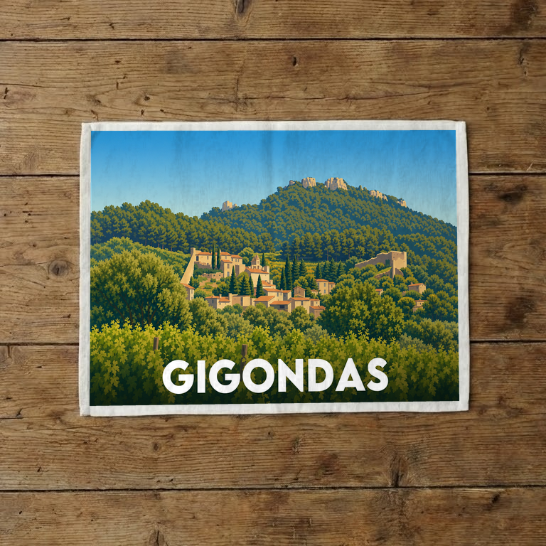 Torchon souvenir de la ville de Gigondas avec une illustration stylisée de son village et de ses collines.