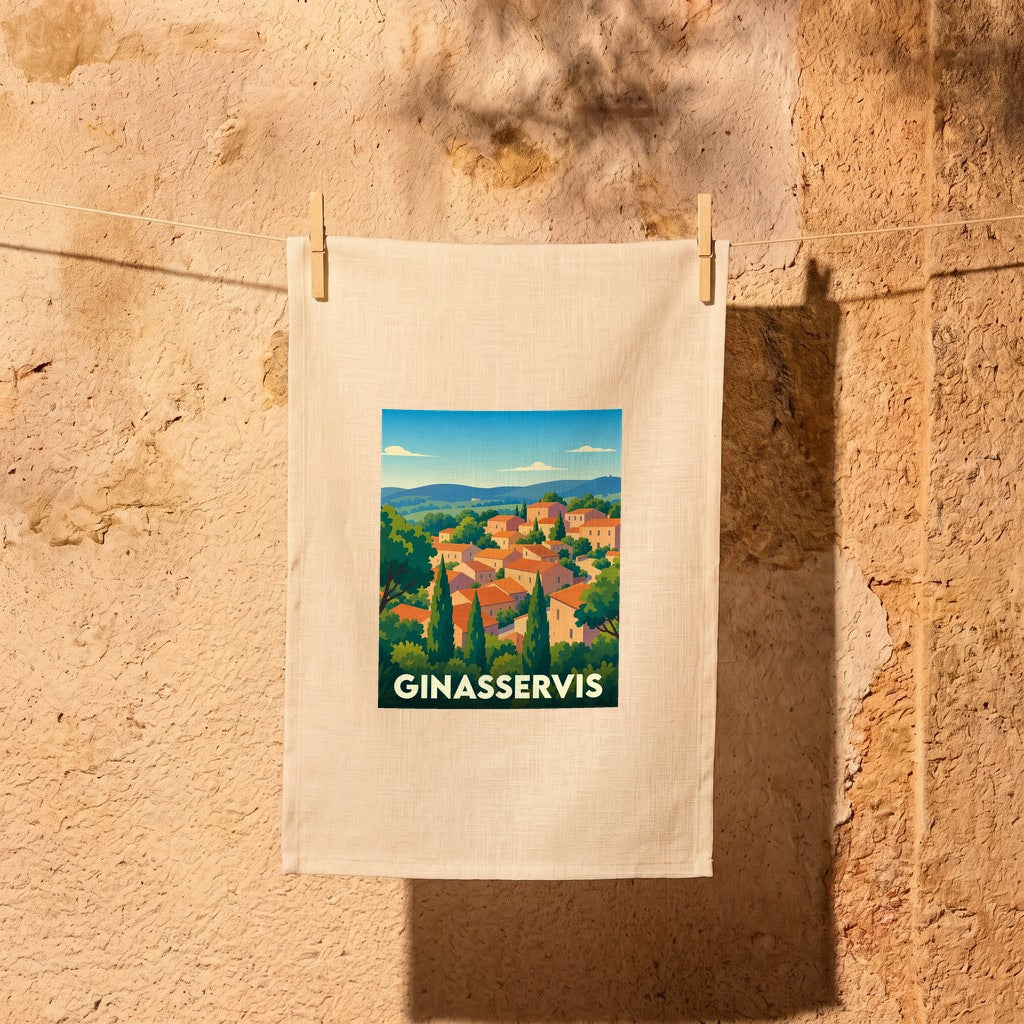 Torchon souvenir de la ville de Ginasservis avec une illustration stylisée de son paysage provençal.