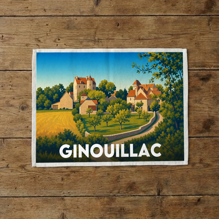 Torchon souvenir de la ville de Ginouillac avec une illustration stylisée du village.